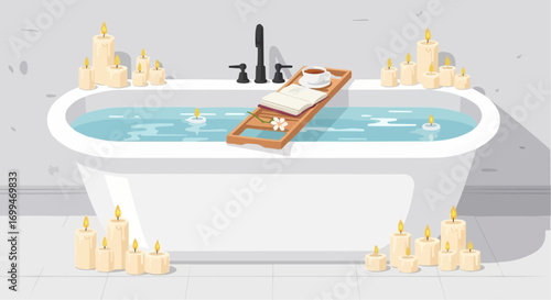 A relaxing spa-like scene with a white bathtub filled with water, surrounded by lit candles, and a bath tray with a towel and a cup.
