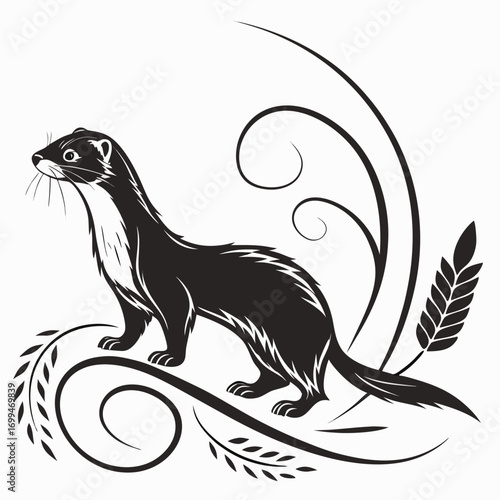 Stylized black weasel with decorative wheat and swirls