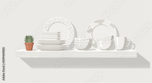 A minimalist white shelf displaying various white ceramic dishes and a small potted cactus against a light, neutral background.