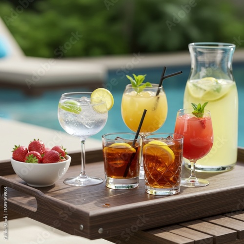 Assorted Summer Drinks on a Tray by the Pool