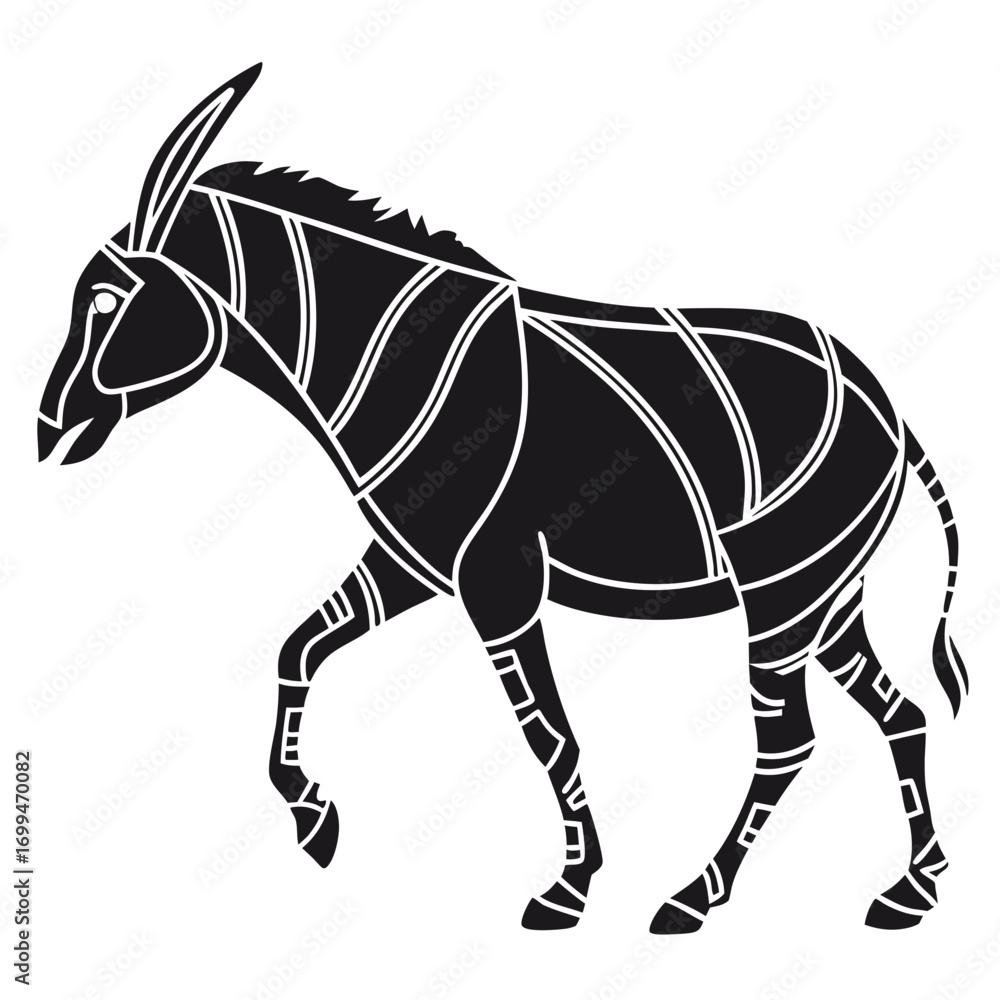 Obraz premium Stylized black donkey with white geometric patterns walking