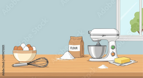 Baking ingredients and equipment laid out on a wooden countertop, including eggs, flour, butter, and a stand mixer.