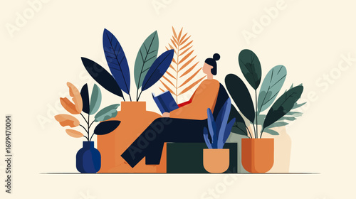 Person reading book surrounded by plants