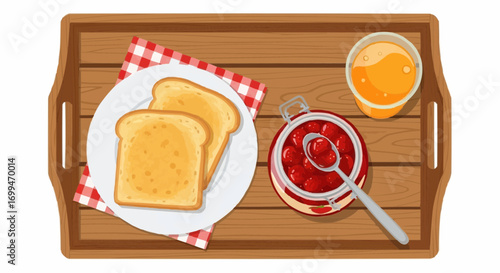 Overhead view of a wooden tray with breakfast items: toast, jam, and orange juice.