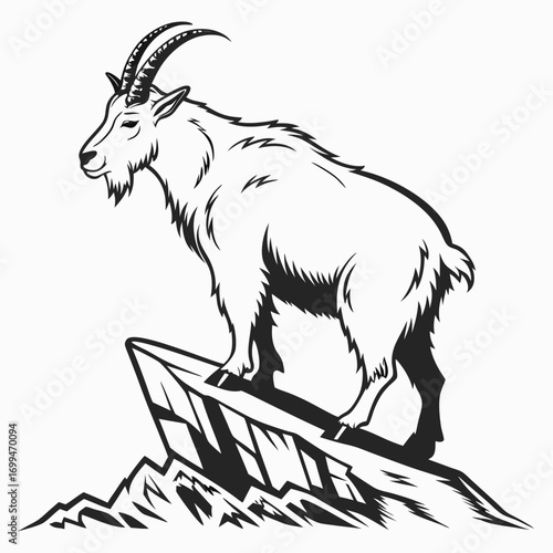Stylized black and white mountain goat standing on a rocky peak
