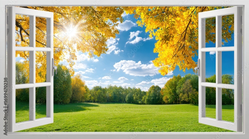 Fototapeta premium A window open to the sky and grass offers a view of nature and freedom from a room in a house