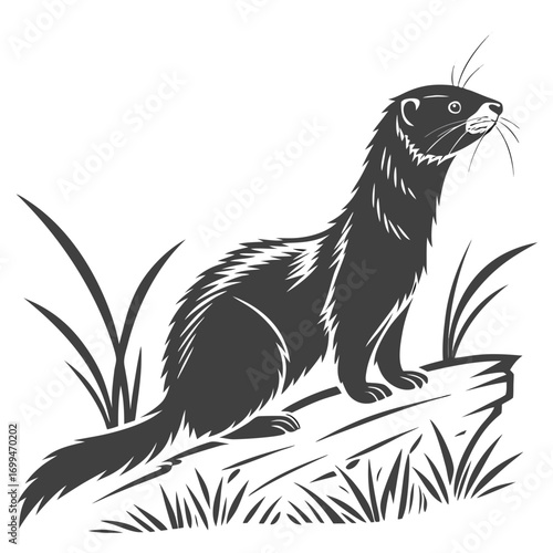 Stylized silhouette of a ferret standing on a rock with grass