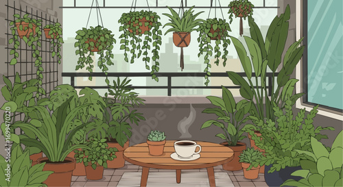 Cozy balcony scene with lush greenery, coffee, and a relaxing atmosphere.