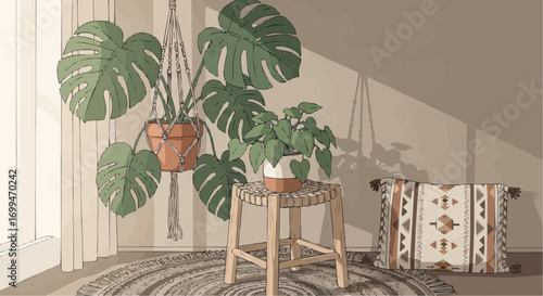 Illustration of a cozy room corner with plants, stool, and pillow.
