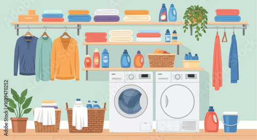 Laundry room interior with clothes, detergents, and washing machines.