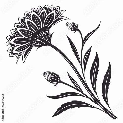 Black and white illustration of a blooming flower with buds and leaves
