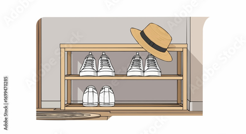 A wooden shoe rack with several pairs of white sneakers and a straw hat with a black band placed on top.