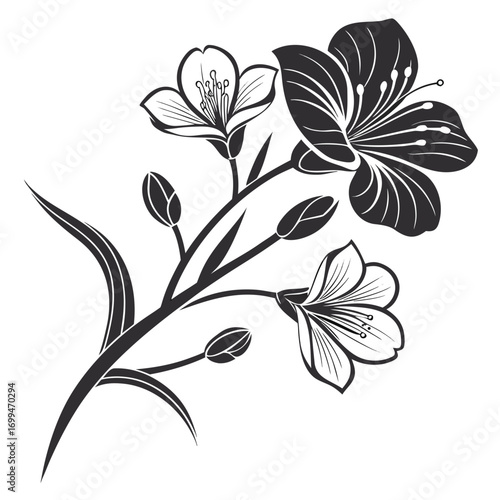 Stylized black and white floral branch with buds and leaves