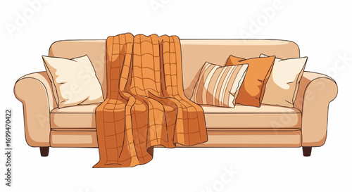 A cozy beige sofa adorned with a warm orange plaid throw blanket and several decorative pillows.