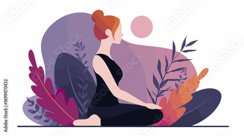 Woman in yoga pose amidst abstract plants