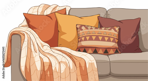 A cozy sofa adorned with pillows and a blanket, creating a warm and inviting atmosphere.