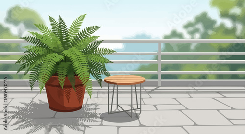 Fern in a pot on a balcony with a small table.