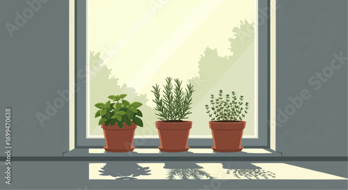 Three potted herbs on a windowsill in sunlight.