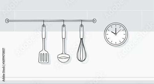 A minimalist line art illustration of kitchen utensils hanging on a rack next to a wall clock.