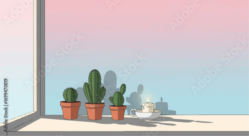 Three potted cacti casting shadows on a windowsill with a lit candle.