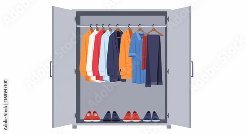 Open gray wardrobe with various clothes and shoes hanging and placed inside.