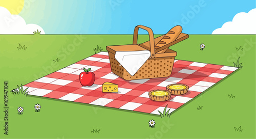 A charming illustration of a picnic spread on a red and white checkered blanket in a sunny meadow.