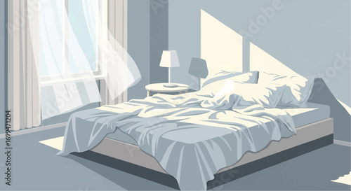 Sunlight streams into a peaceful blue-toned bedroom, illuminating an unmade bed as curtains gently sway in the breeze.