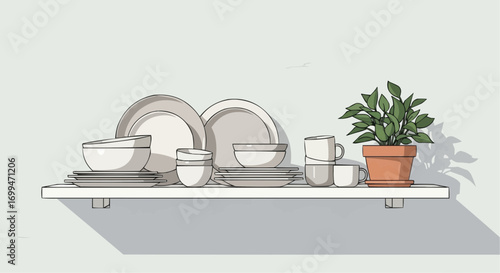 A minimalist illustration of a white shelf displaying a collection of dishes, cups, and a potted plant.
