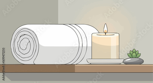 A rolled white towel, a lit candle, and a small succulent plant on a wooden shelf, creating a serene spa or relaxation ambiance.