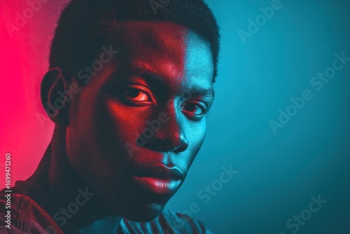 A portrait of a young Black man, gazing directly at the camera, with a blue and purple gradient background, high contrast, grainy texture, high resolution, in a surrealistic edited magazine style.