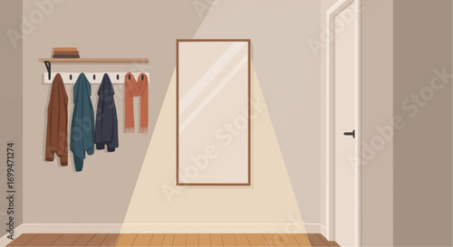 Hallway with coat rack, mirror, and door in a minimalist style.