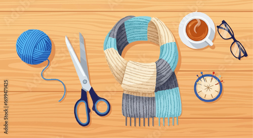 A cozy flat lay of knitting supplies with a striped scarf, yarn, and coffee on a wooden table.