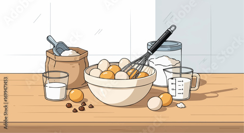 A collection of baking ingredients including eggs, flour, milk, and chocolate chips, arranged on a wooden kitchen counter, ready for cooking.