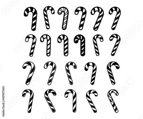 Candy Cane Icon Set – Black and White Christmas Vector Pack