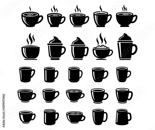 Hot Chocolate Mug Icon Set – Black and White Christmas Vector Pack