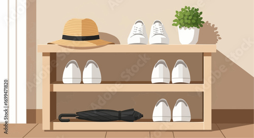 A wooden shoe rack filled with shoes, an umbrella, a hat, and a potted plant.