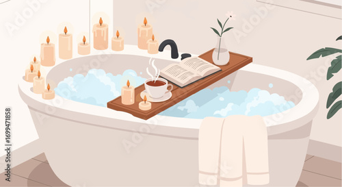A cozy and relaxing bubble bath scene with numerous lit candles, a wooden tray holding a book, a steaming cup, and a small plant.