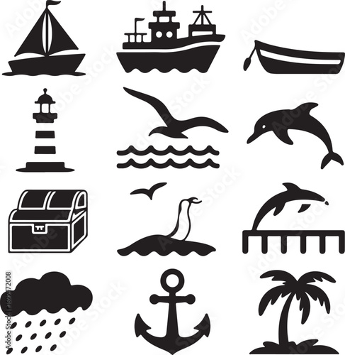 Nautical and Maritime Icons with Ships and Marine Life Keywords: sailboat, cargo ship, rowboat