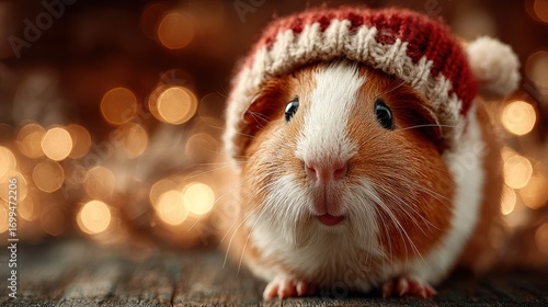 Cute guinea pig wearing festive hat surrounded by warm holiday lights indoors during winter season