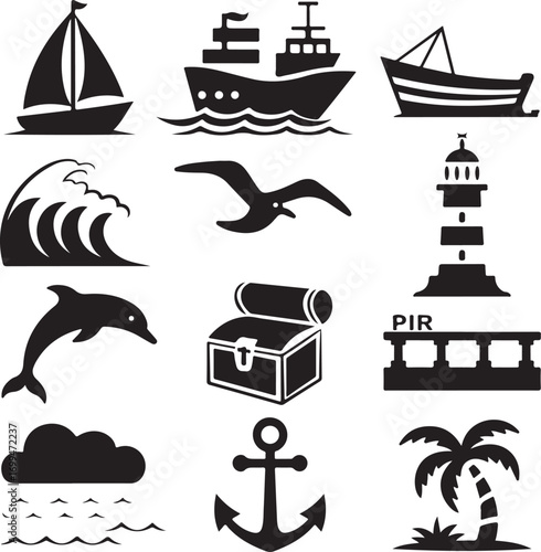Nautical and Maritime Icons with Ships and Marine Life Keywords: sailboat, cargo ship, rowboat