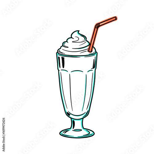 Milkshake in tall glass with whipped cream and straw, minimalist black and white line drawing, vector illustration with neon turquoise and glowing accents on white background