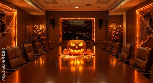 Corporate meeting room decorated for Halloween: long table with pumpkin centerpiece, orange LED lights, and spider webs on corners.