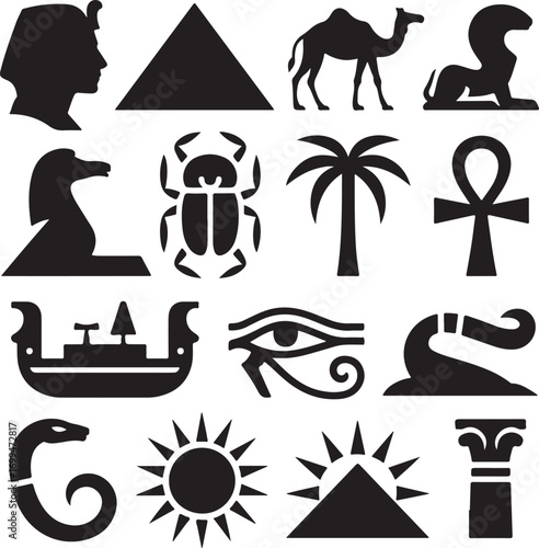 Egyptian Icons Silhouette Collection with Pharaoh and Pyramid ancient hieroglyphs