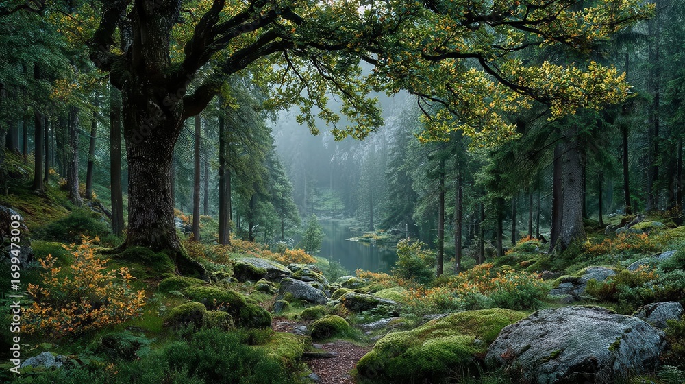 Obraz premium Dreamy Forest Scene Featuring Towering Ancient Trees Cloaked in Soft Morning Mist Inspiring Calm and Reflection
