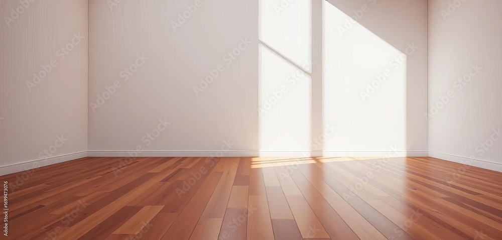 Fototapeta premium Sunlit empty room, polished wooden floorboards, simple, interior design