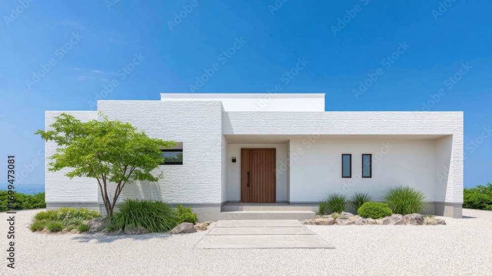 Fototapeta premium Traditional Japanese House Exterior with Zen Garden and Blue Sky