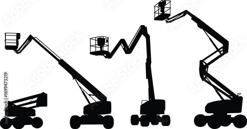 Boom lift silhouettes, aerial work platform, cherry picker, construction equipment, elevated basket, industrial machinery, maintenance worker, height access, safety gear, articulated arm design