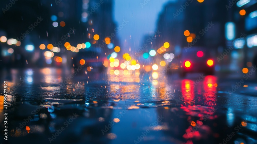 Fototapeta premium A blurry view of a rainy city street at night with a few cars driving by. The street is wet and the lights from the cars reflect in the puddles.