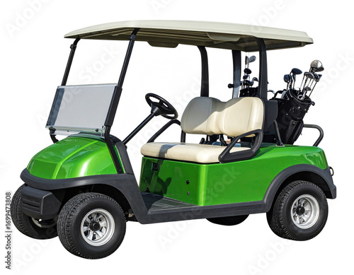 Green Golf Cart with Clubs in Photorealistic Detail