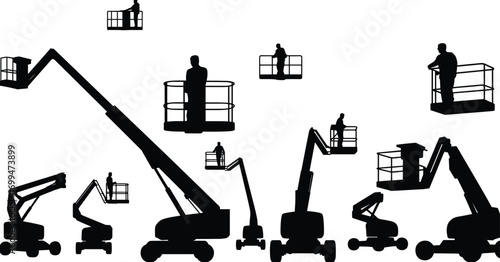 Aerial work platform silhouettes, boom lift, cherry picker, scissor lift, construction equipment, elevated basket, industrial machinery, maintenance worker, height access, safety gear